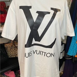 Louis Vuitton White Tee with Navy and Gold Tag